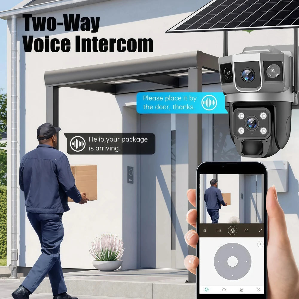 Cámara solar exterior V380Pro de 12 MP con IP 4G/WiFi, visión nocturna HD, seguimiento PTZ, detección de movimiento PIR y seguridad para el hogar (CCTV inteligente).
