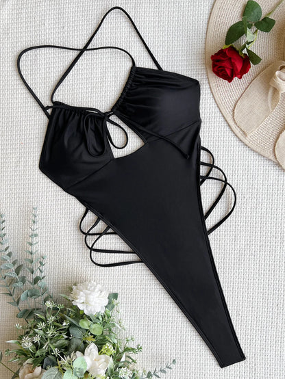 Traje de baño de una pieza tipo tanga, con espalda descubierta y diseño ultra mini, estilo tanga, para mujer. Incluye pareo, corte alto y diseño monokini.