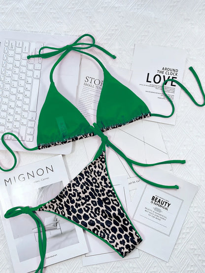 Microbikini de leopardo sexy para mujer, traje de baño femenino de 2023, conjunto de bikini tipo tanga, brasileño, con cuello halter, ropa de playa con cordones