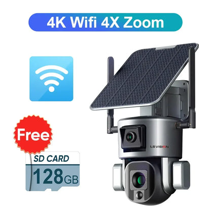 Cámara solar LS VISION 4K de 8 MP para exteriores con doble lente, 4G/WiFi, doble pantalla, zoom óptico 4X/10X, seguimiento humanoide y cámara de seguridad PTZ.