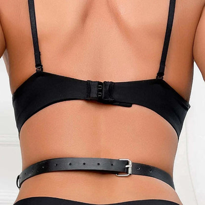 Conjuntos de lencería erótica de cuero con tanga, accesorios para juegos de rol, vendas, sujetador, liguero sin entrepierna, ropa interior y babydoll para mujer.