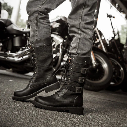 Botas vaqueras altas para hombre, zapatos con refuerzo interior, transpirables, de talla grande, informales, para motocicleta, 2025