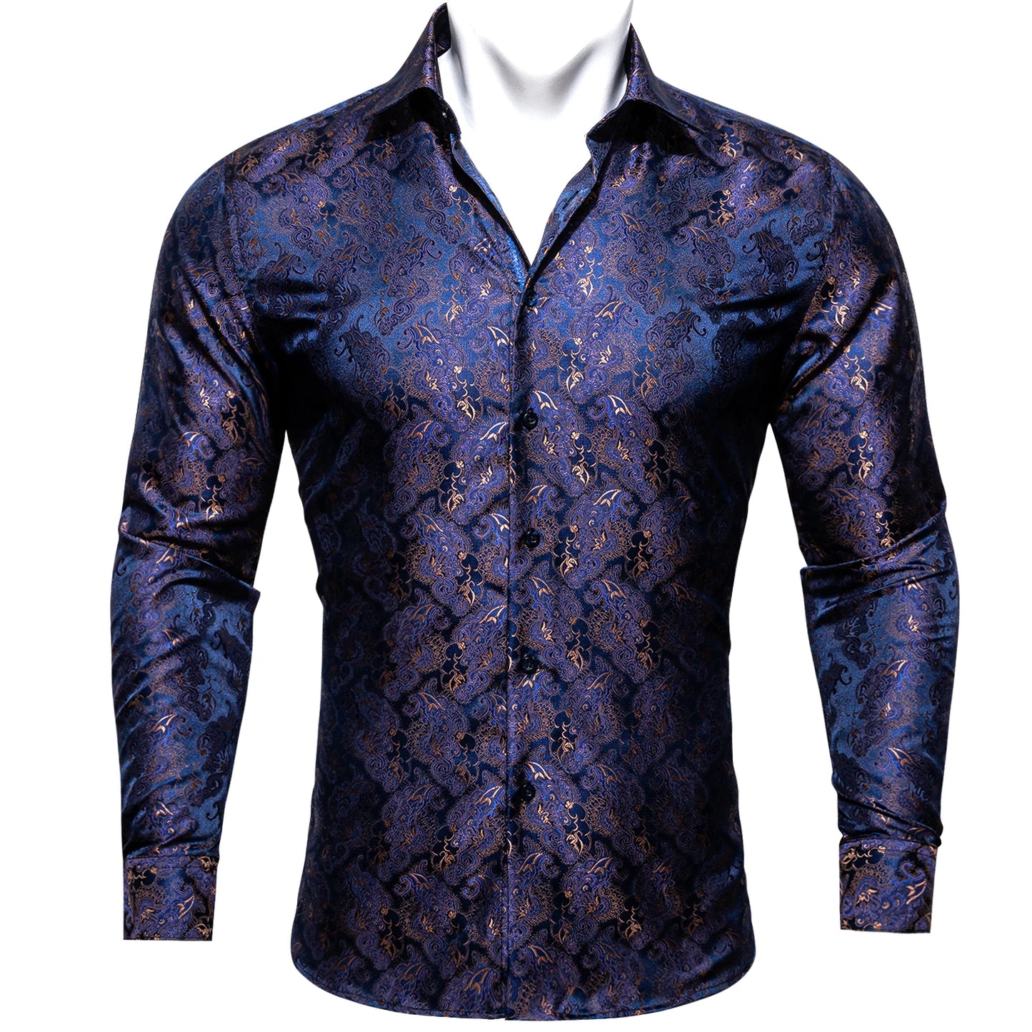 Camisas clásicas negras estampadas y bordadas para hombre, solapa de seda, manga larga, corte formal exquisito, ideales para eventos de negocios y fiestas. Barry.Wang CY-0407