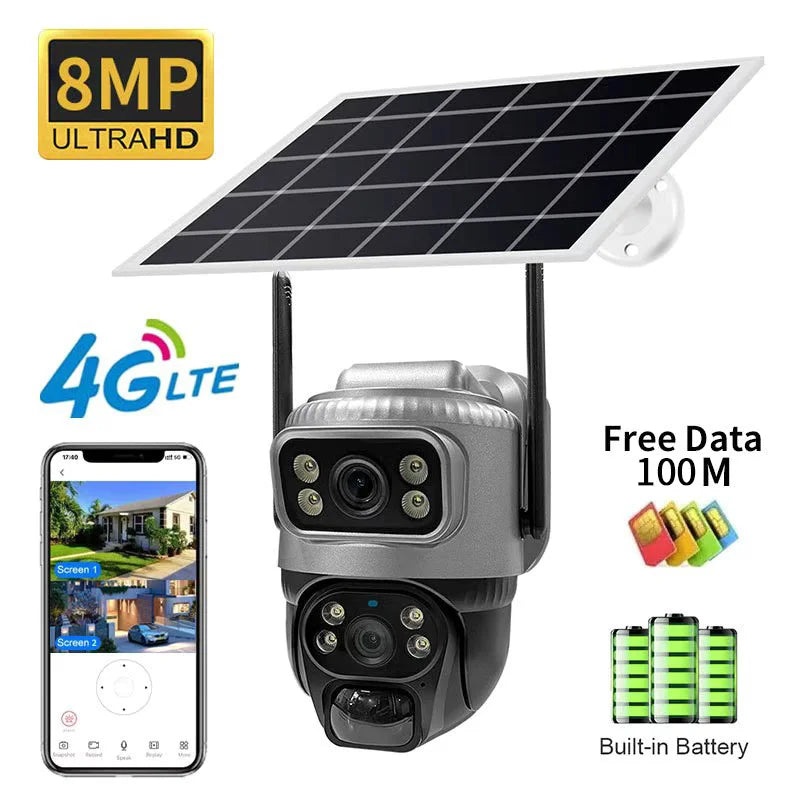 Cámara solar 4G de 8MP con lente dual 4K, PIR, tarjeta SIM integrada, visión nocturna, resistente al agua, cámara IP de seguridad con batería y monitor CCTV.