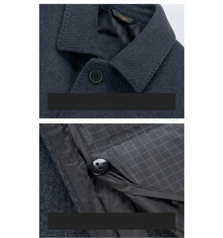 2025 Winter Men Wool Blend Overcoat Mid Length Double Faced Thick Warm Coat Detachable Goose Down Inner Premium TrenchCoat