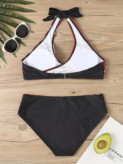 Conjunto de bikini con cuello en V 2024 para mujer, traje de baño de verano con estampado de rayas y patchwork, ropa de playa, traje de baño para mujer, talla 2XL