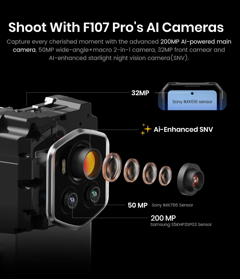 Teléfono móvil resistente Fossibot F107 Pro, 30 (12+18) GB + 512 GB, Android 15, batería de 28000 mAh, carga rápida de 66 W, cámara de 200 MP + 32 MP, 5G, NFC/GPS, doble linterna brillante.