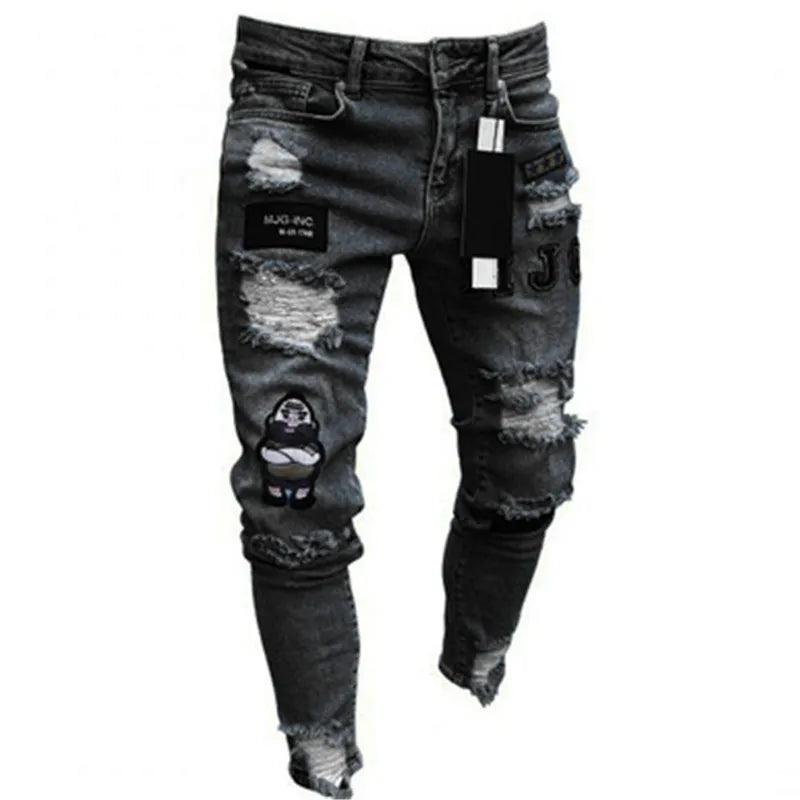 Pantalones vaqueros negros de hombre, corte ajustado, color gris, estilo casual, ajustados, estilo hip hop, urbano, de algodón.