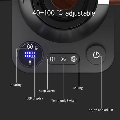 Hervidor eléctrico de cuello de cisne de 110 V/220 V con control de temperatura inteligente, 1200 W, calentamiento rápido, revestimiento de acero inoxidable 304, 900 ml