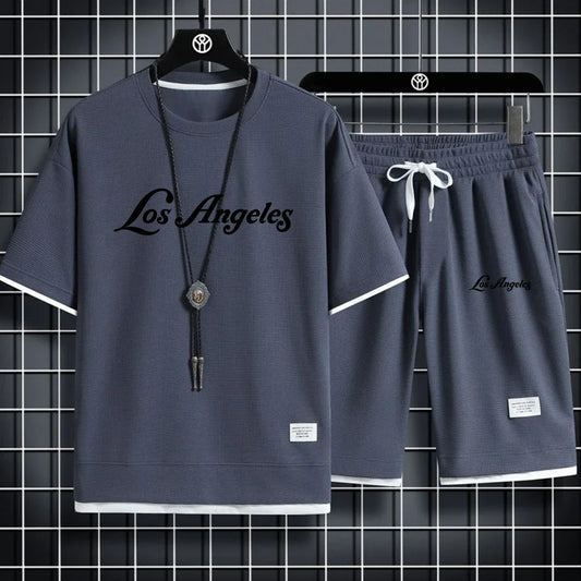 Conjunto de camiseta y pantalones cortos deportivos, conjunto deportivo de verano para hombre, conjunto informal sencillo de manga corta con forma de gofre