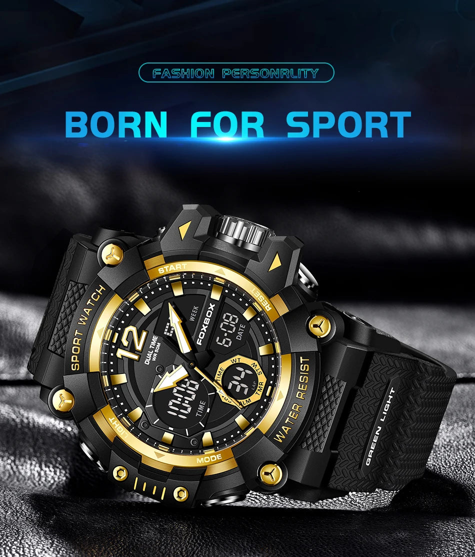 Relojes de pulsera para hombre con pantalla LED de lujo FOXBOX, deportivos, luminosos, impermeables, militares, de cuarzo, para hombre, Relogios Masculino + Caja