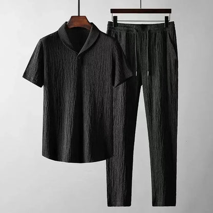 Conjunto de polo informal para hombre, moda de verano, manga corta plisada, cuello vuelto, traje de dos piezas, ropa ligera para hombre