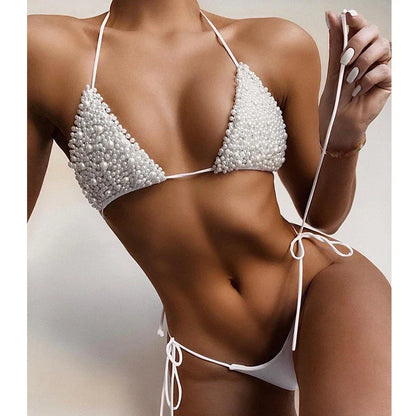 Bikini de lujo con perlas y escote halter, mini bikinis, micro bikinis, traje de baño femenino, conjunto de bikini de dos piezas, traje de baño para mujer