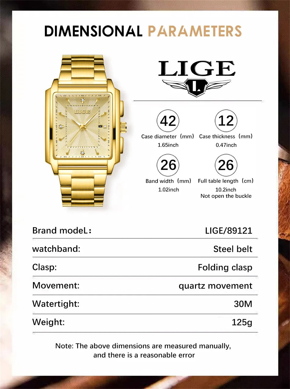 LIGE - Reloj de negocios de moda para hombre, cuadrado, deportivo, resistente al agua, marca superior, de lujo, militar, de cuarzo, cronógrafo de pulsera