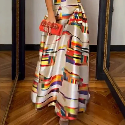 Vestido de noche elegante estampado con cuello redondo 2023, vestido sexy sin mangas con cintura descubierta, vestido largo plisado informal para oficina.