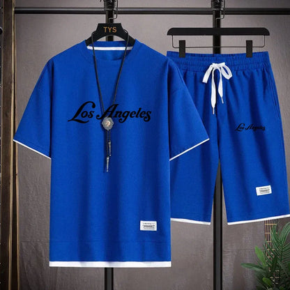 Conjunto de camiseta y pantalones cortos deportivos, conjunto deportivo de verano para hombre, conjunto informal sencillo de manga corta con forma de gofre