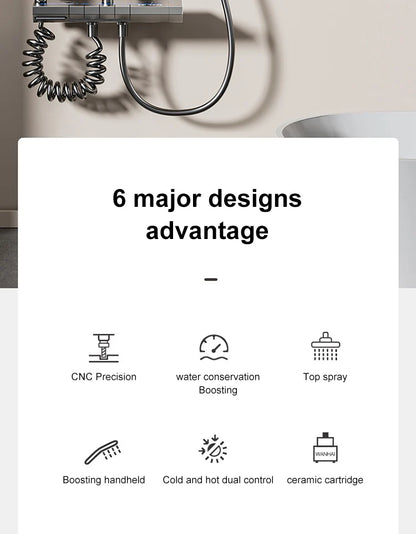 Sistema de ducha con luz ambiental y botones de piano grises, pantalla digital, grifos tipo lluvia y cabezal de ducha.
