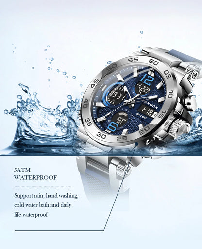 Reloj de pulsera deportivo para hombre FOXBOX Fashion Luxury Quartz, militar, impermeable, con doble pantalla, cronógrafo luminoso + CAJA