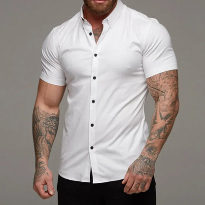 Camisas de vestir ajustadas para hombre, estilo casual de verano, con cuello vuelto, manga corta y botones LXDZ-110