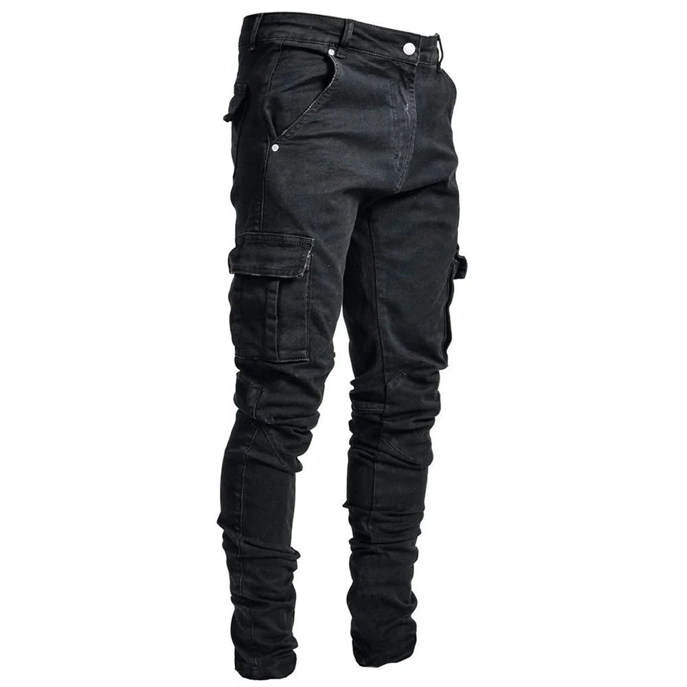 Pantalones vaqueros elásticos de calle para hombre, pantalones cargo de mezclilla lavados, de color sólido, con múltiples bolsillos, pantalones casuales de cintura media, ajustados, para uso diario, para correr