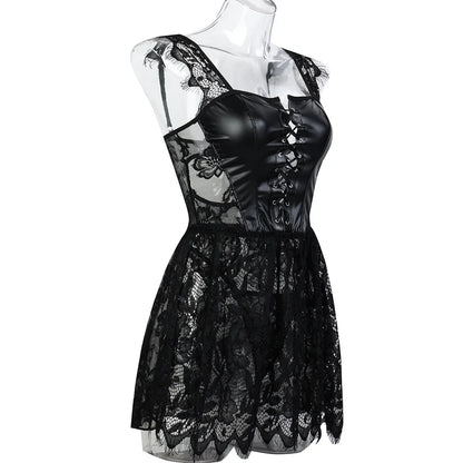 Conjunto exótico de PU sexy para mujer, vestido de encaje transparente, lencería elegante con abertura, body exótico para fiesta y club.