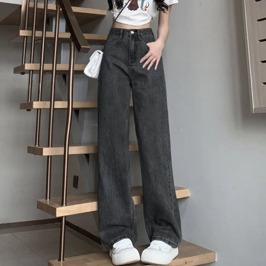 Pantalones vaqueros vintage de pierna ancha para mujer, pantalones de cintura alta para niña, moda femenina, negro, gris, retro, azul, azul claro, rosa, pantalones vaqueros