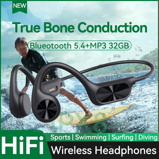 Auriculares inalámbricos de conducción ósea IPX8, resistentes al agua, para natación, Bluetooth 5.4, 32 GB de RAM, reproductor de MP3, música HIFI, deportivos.