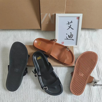 Sandalias planas ZAR para mujer, de satén de seda, con hebilla y diamantes, negras, modernas, sin cordones.