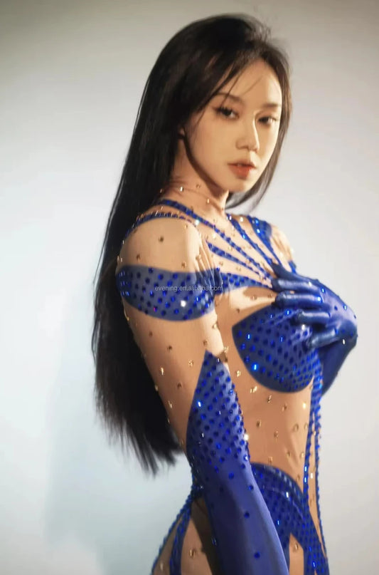 Female Sexy Stretch Long Sleeve Bodycon Bodysuit Exotic Pole Dancer Outfit Crystal Rompers Skinny Women Club Prom Party Jumpsuit