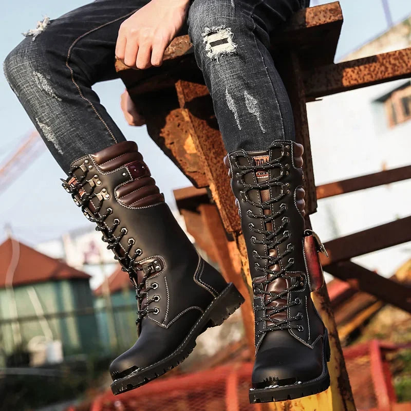 Botas altas de cuero para hombre, estilo motero, de invierno, estilo gótico punk, para hombre, estilo militar informal, para uso exterior.