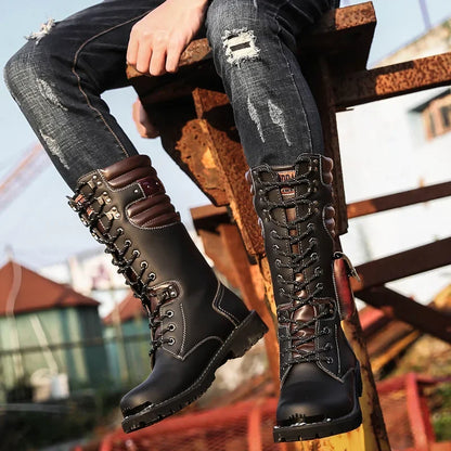 Botas altas de cuero para hombre, estilo motero, de invierno, estilo gótico punk, para hombre, estilo militar informal, para uso exterior.