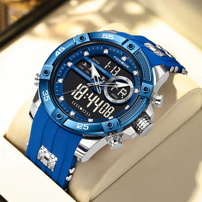 Reloj de pulsera de cuarzo de lujo FOXBOX para hombre, deportivo, impermeable, con doble pantalla, LED digital militar, de acero, para negocios + caja.