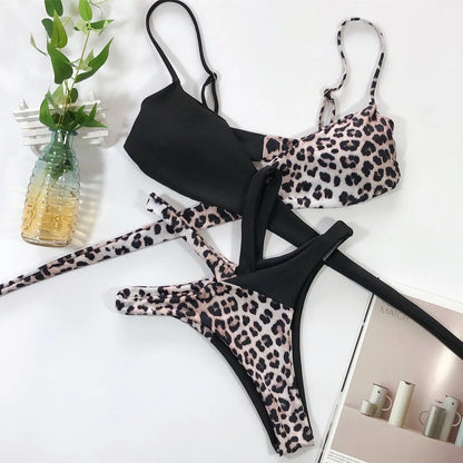 2025 Bikini sexy para mujer, traje de baño con estampado de leopardo y tirantes cruzados, conjunto de bikini para mujer, traje de baño push up, trajes de baño para mujer