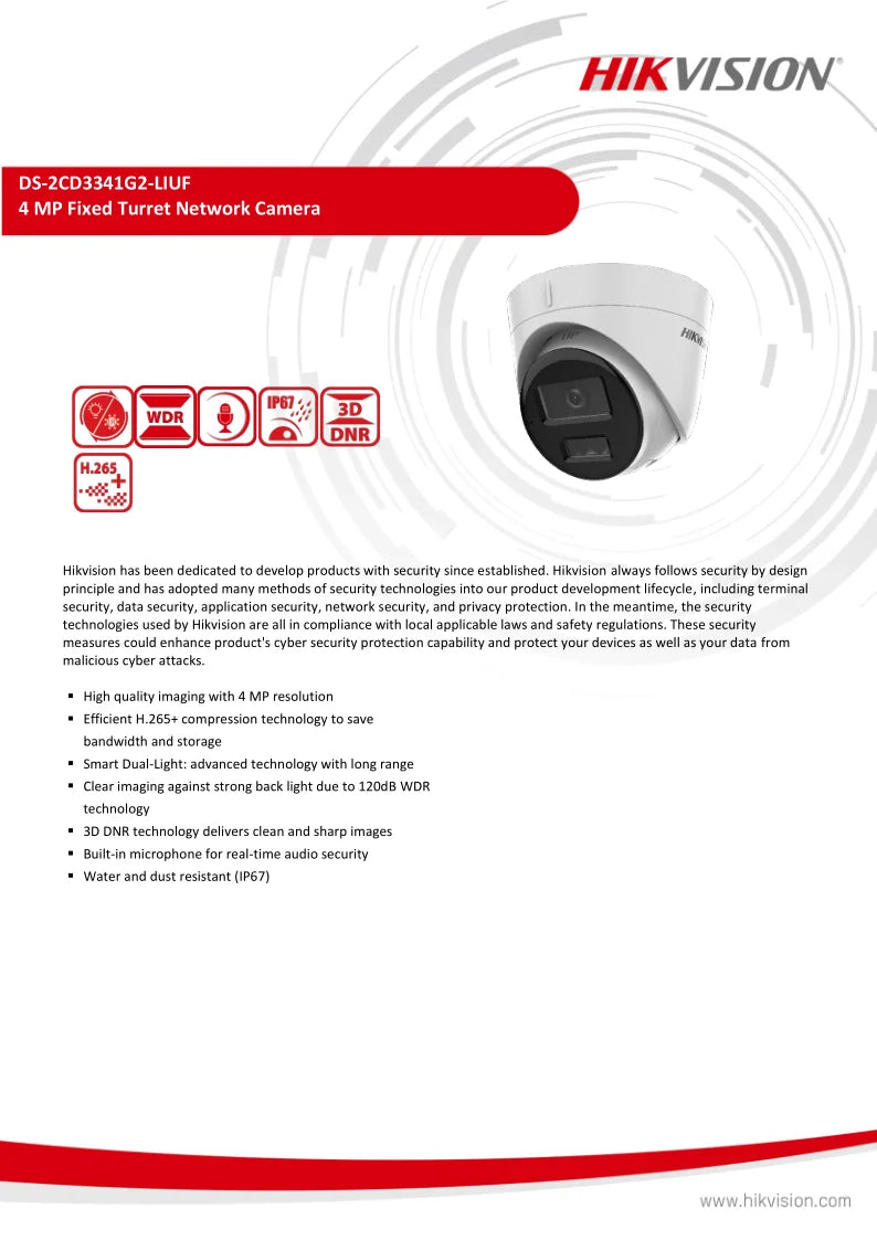Cámara de red fija tipo torreta Hikvision DS-2CD3341G2-LIUF original de 4 MP con micrófono incorporado