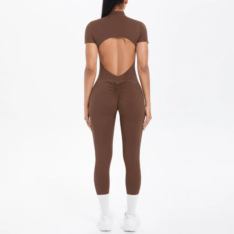 Mono deportivo de yoga sexy con cremallera frontal, espalda descubierta, manga corta, pantalones cortos, ropa deportiva para fitness, correr, gimnasio, yoga y actividades deportivas para mujer.