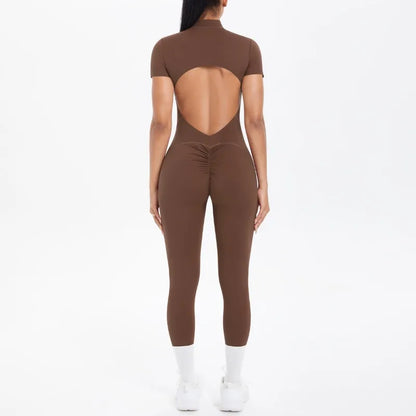 Mono deportivo de yoga sexy con cremallera frontal, espalda descubierta, manga corta, pantalones cortos, ropa deportiva para fitness, correr, gimnasio, yoga y actividades deportivas para mujer.