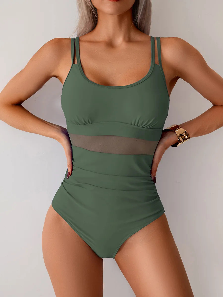 VigoBreviya 2025 Traje de baño de una pieza con tirantes huecos para mujer Traje de baño de malla de retazos Monokini sin espalda Traje de baño para mujer
