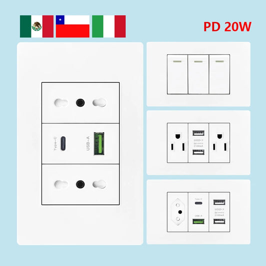 Enchufe de pared USB inteligente tipo C de 20 W con carga rápida para Italia, Chile y México; panel de interruptor de luz eléctrico de Brasil con toma USB-C universal.