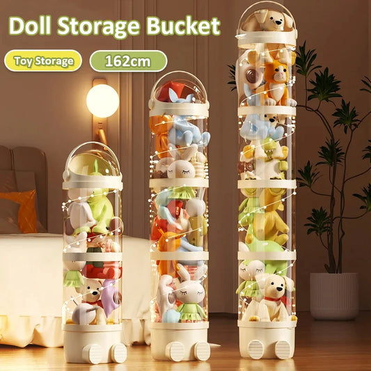 Caja de almacenamiento para muñecas, organizador de juguetes, tubo de almacenamiento de peluche, barril de plástico transparente para juguetes de niños.
