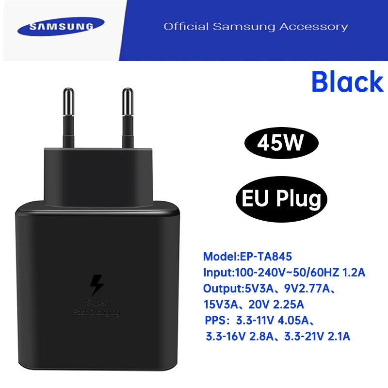 Cargador adaptador de corriente Samsung Ep-TA845 de 45 W, supercargador USB tipo C, carga rápida para Galaxy S25 Ultra, S24+, S23, A36, A56, M56, Tab S10+
