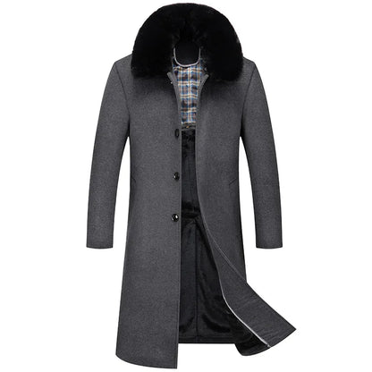 Abrigos de lana con cuello de piel para hombre, estilo informal de negocios, chaquetas extralargas de cachemir, gabardinas de invierno, forro polar de alta calidad para hombre, mezcla de lana cálida