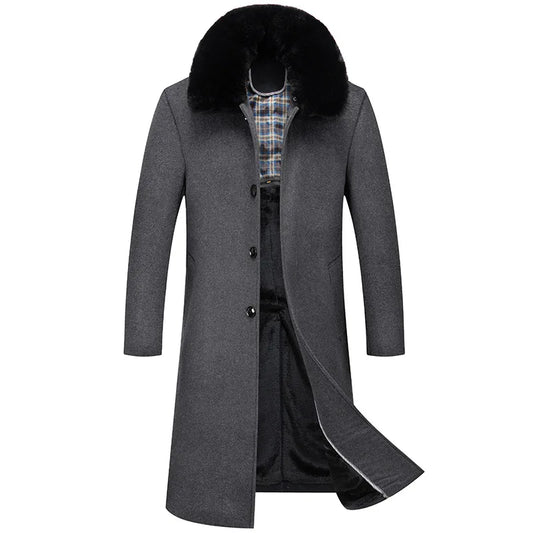 Abrigos de lana con cuello de piel para hombre, estilo informal de negocios, chaquetas extralargas de cachemir, gabardinas de invierno, forro polar de alta calidad para hombre, mezcla de lana cálida