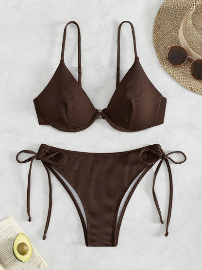 Bikini sexy fruncido sin espalda para mujer, con tirantes de color puro, soporte de acero, traje de baño separable, moda 2024, nuevo modelo, gran oferta