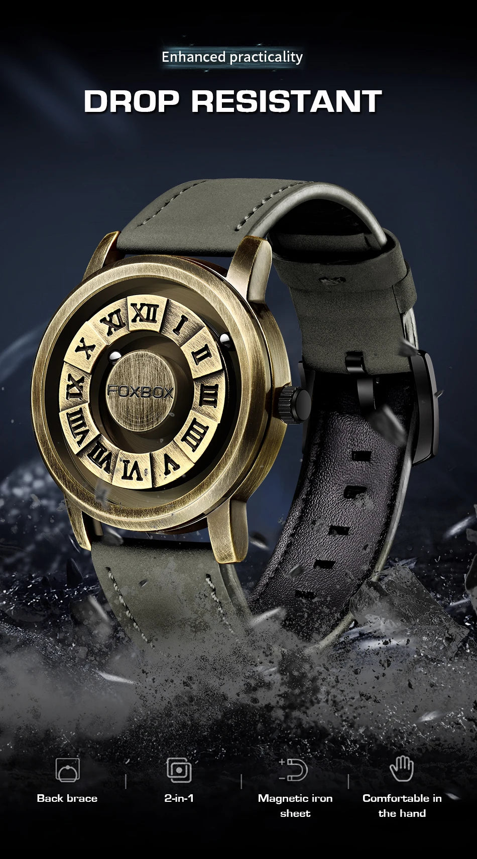 Reloj de cuarzo para hombre FOXBOX, moda, personalidad, creativo, con bola de hierro giratoria, puntero magnético, resistente al agua, para hombre, regalo + caja.