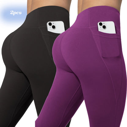 Leggings de yoga para mujer, 2 unidades, con bolsillos, color liso, para gimnasio, actividades al aire libre, cintura alta, ajustados, pantalones deportivos para correr.