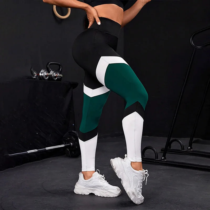 Leggings de yoga de cintura alta con bloques de color para mujer, leggings de entrenamiento con control de abdomen para mujer