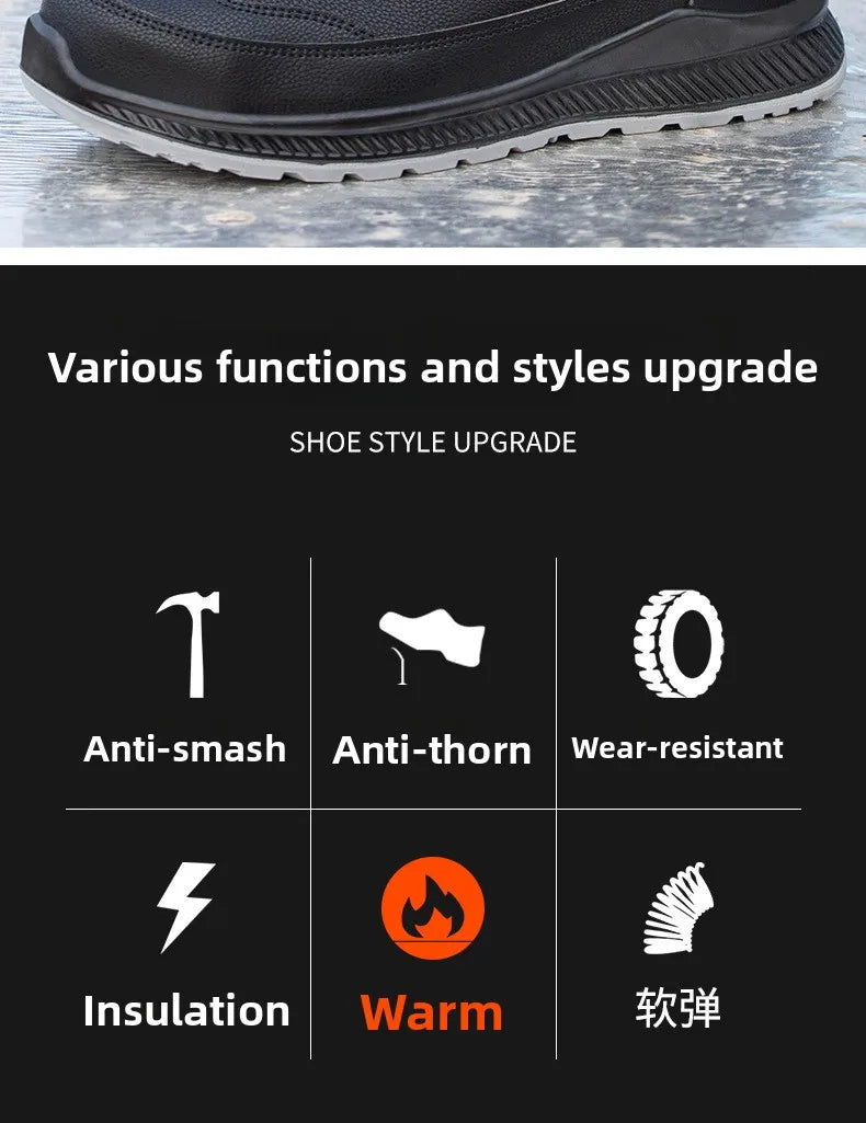 Calzado de seguridad de felpa para trabajos de invierno, resistente a impactos y perforaciones, fabricado en piel sintética de microfibra y algodón.