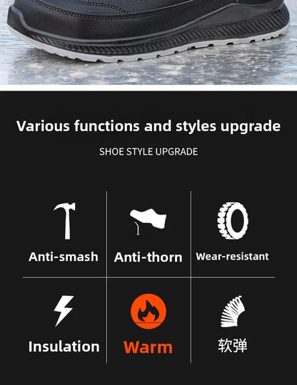 Calzado de seguridad de felpa para trabajos de invierno, resistente a impactos y perforaciones, fabricado en piel sintética de microfibra y algodón.