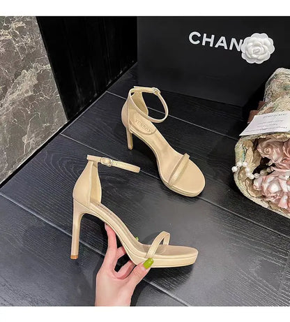 Sandalias elegantes y sexys de tacón alto para mujer, zapatos de verano con punta abierta, suela de goma y punta redonda, estilo coreano, 2025