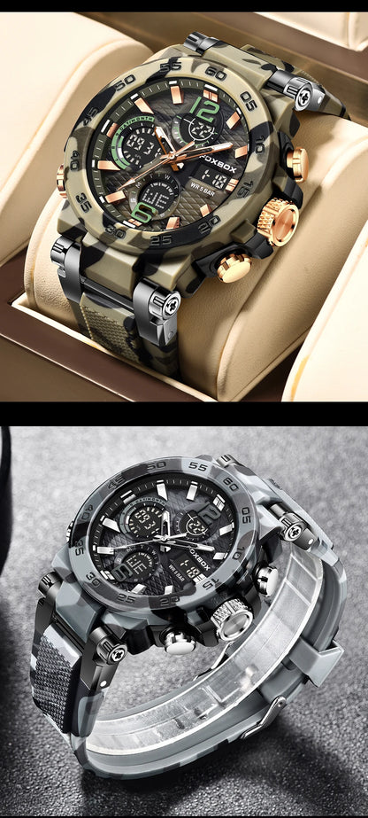 FOXBOX Reloj digital a prueba de golpes para hombre, estilo militar, camuflaje, resistente al agua hasta 5 ATM, relojes electrónicos a prueba de golpes, estilo táctico.
